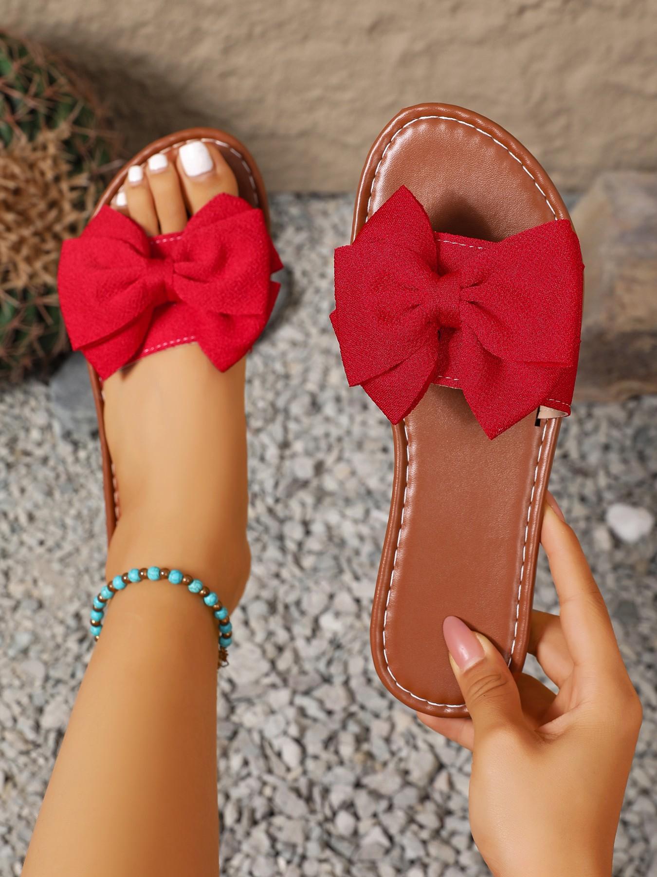 Women's Wide Width Flat Sandals, European Style Open Toe Design, Bow Detail Fabric Material, Perfect for Beach and Outdoor Use