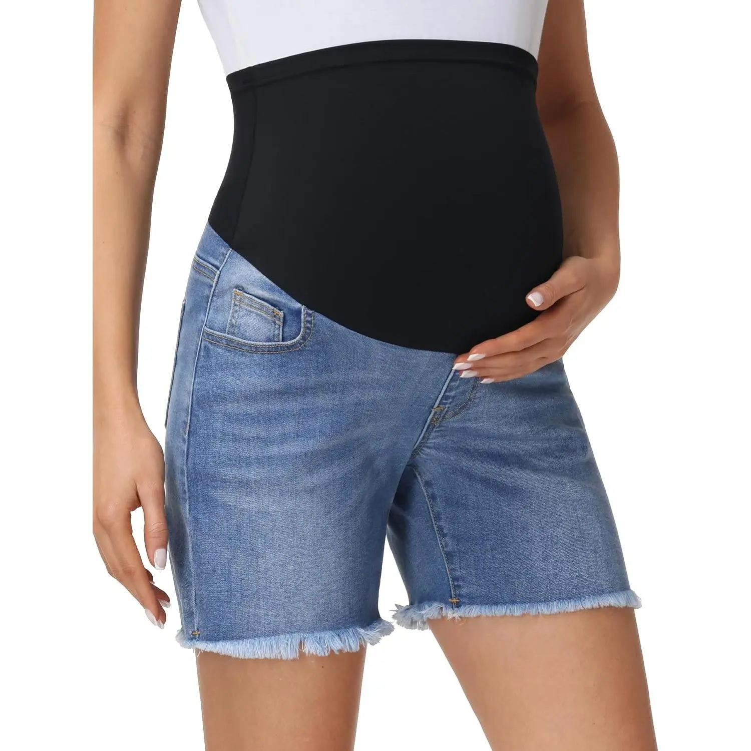 Women's Maternity Denim Jean Shorts - Over Bump, Raw Hem, Stretch Denim, Mom Long Style, Trendy Summer Outfit