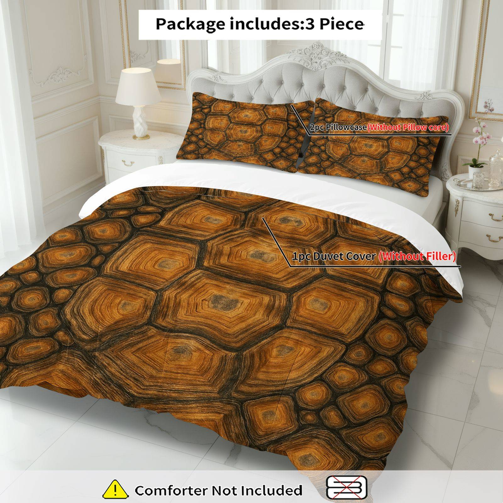 3PCS Duvet Cover Set, 1 Duvet+2 Pillowcases(Without filler), Tortoise Shell Hexagonal Retro Nature Earthy theme, Thanksgiving bedding set, decorative bedding Suitable for decoration bedroom, guest room, hotel room, vacation home.