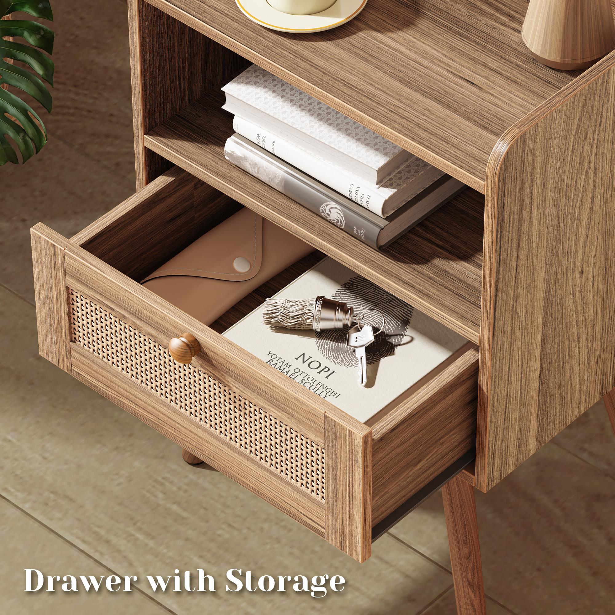 SUPERJARE Nightstands Set of 2, Night Stands with Charging Station & PE Rattan Decor Drawer, Bed Side Tables with Solid Wood Feet, End Table, for Bedroom, Living Room