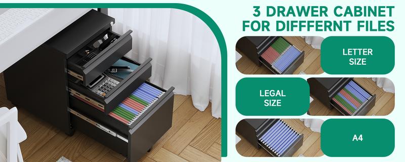 Letaya 3 Drawer Mobile File Cabinet with Lock Under Desk Metal Filing Cabinets for Home Office Organizer Letters Legal A4 Black Storage