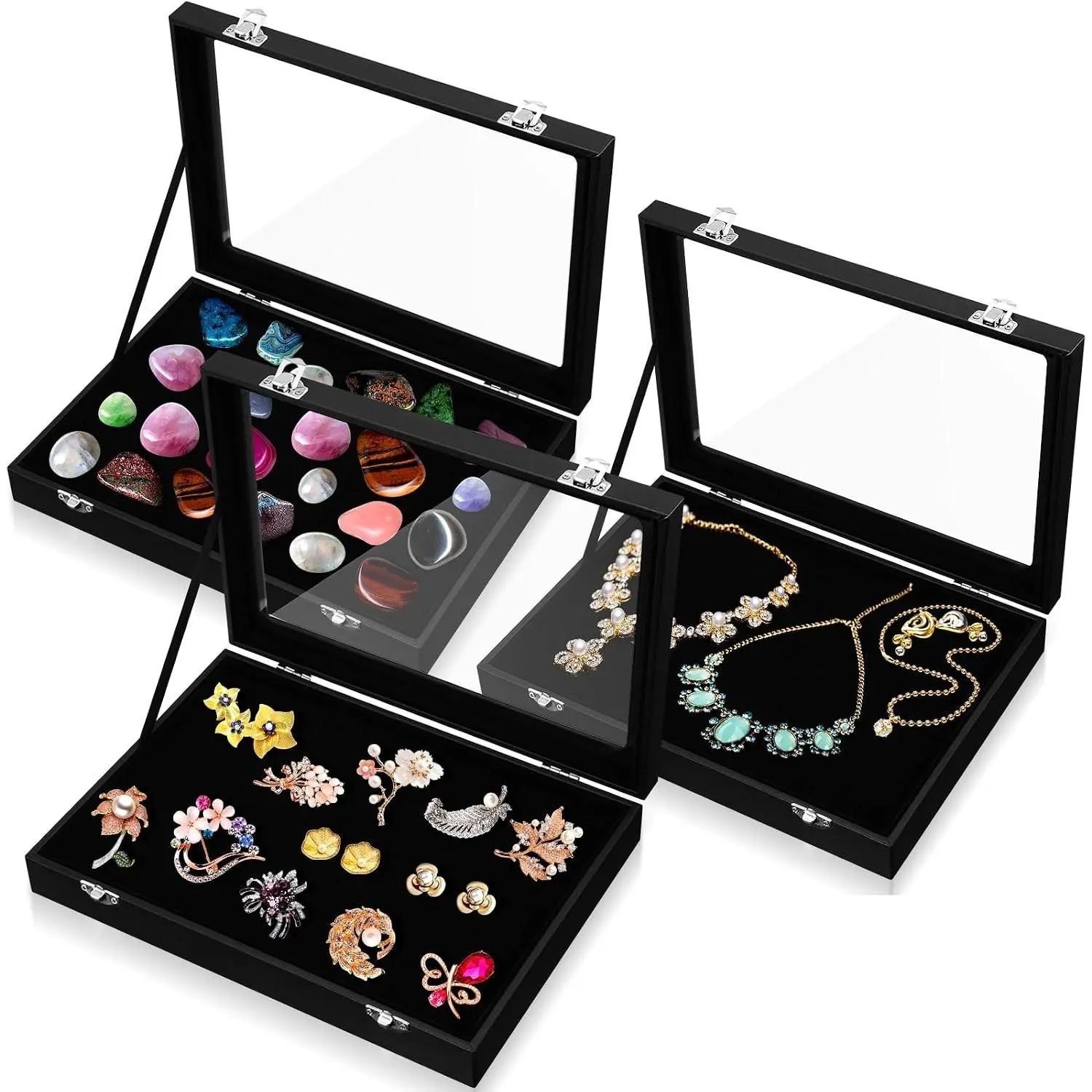 3 Pcs Wooden Jewelry Box Glass Top Display Cases for Collectables with Glass Window on Top - Organizer for Rings, Bracelet, Necklace (11 x 7.9 x 2 Inches)