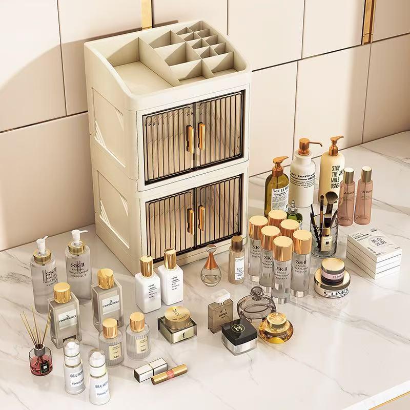 Foldable Cross-Border New Cosmetic Storage Cabinet, Multi-Layer Dual-Door Skincare Office Stationery Dustproof Organizer Box, Makeup Cosmetic Organizer, Cosmetics Organizer Storage, Beauty Supplies Organizer