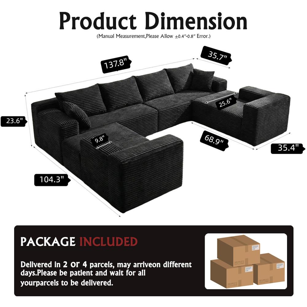 138'' Oversized U-Shaped Boneless Sectional Couches，8 Seater Modular Boneless Cloud Sofa with Chaise Lounges，For Living Room Apartment，4-in-1 Flexible Combination Deep Seat Corner Large Couch NoAssembly Required, Big Comfy Couches Set with  Plush Flannel