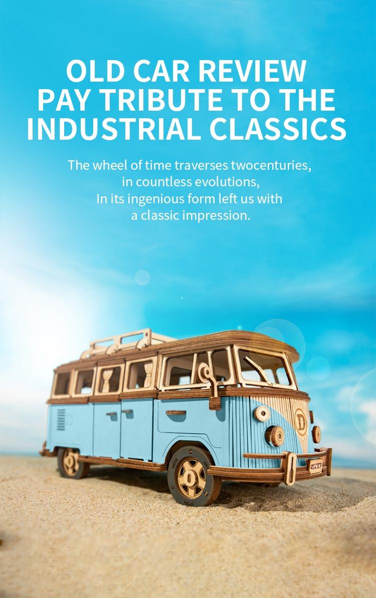 Blue Camper Wooden Puzzle, Wood Car Model, 3D Assembly Toy, Educational Intelligence Toy, Realistic Car Series Decoration