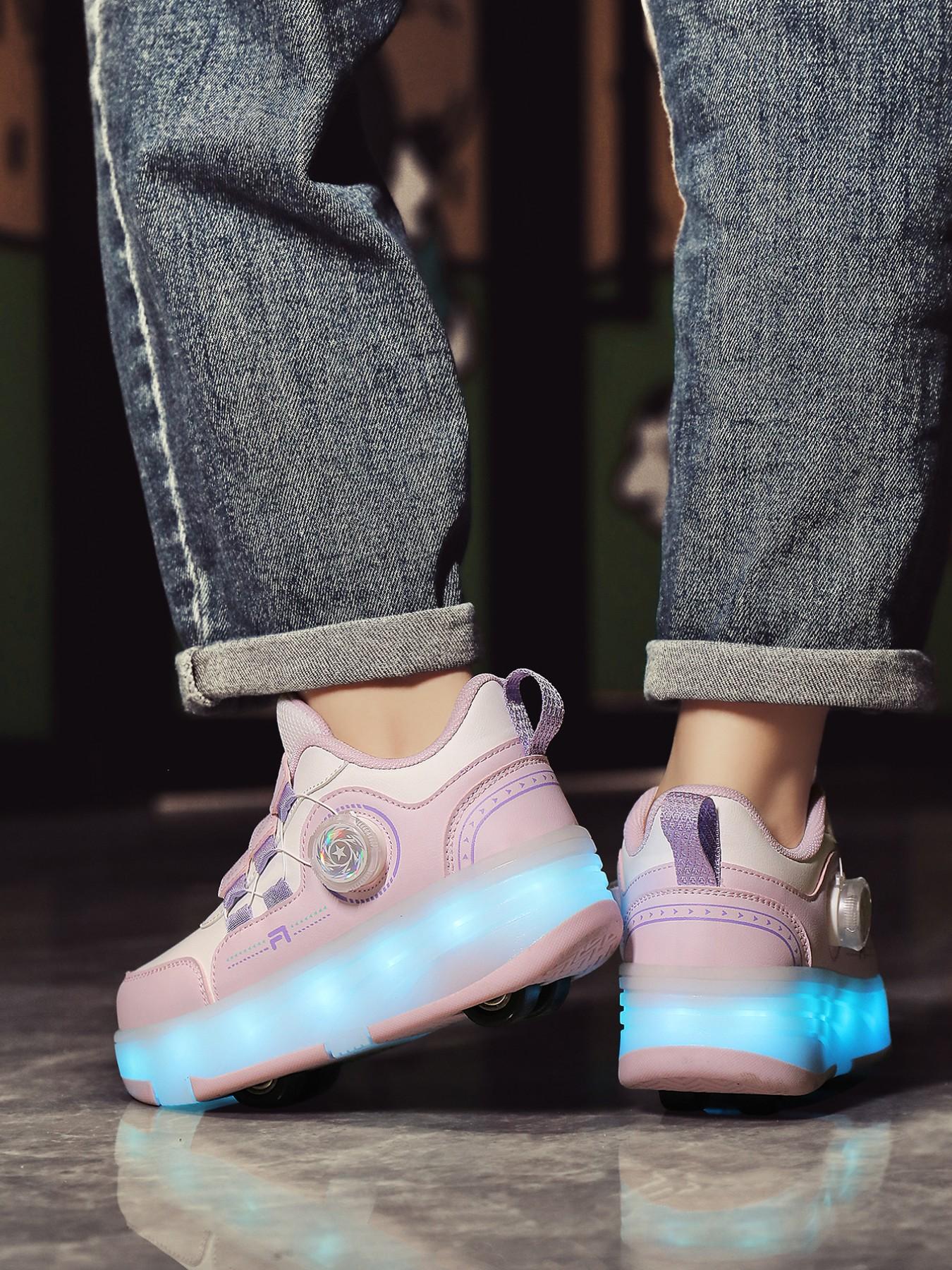 Girls' LED Light-Up Roller Skates, PU Leather Four-Wheel Inline Skates, USB Rechargeable, Detachable Wheels, All-Season Casual Shoes, Shoes With Wheels