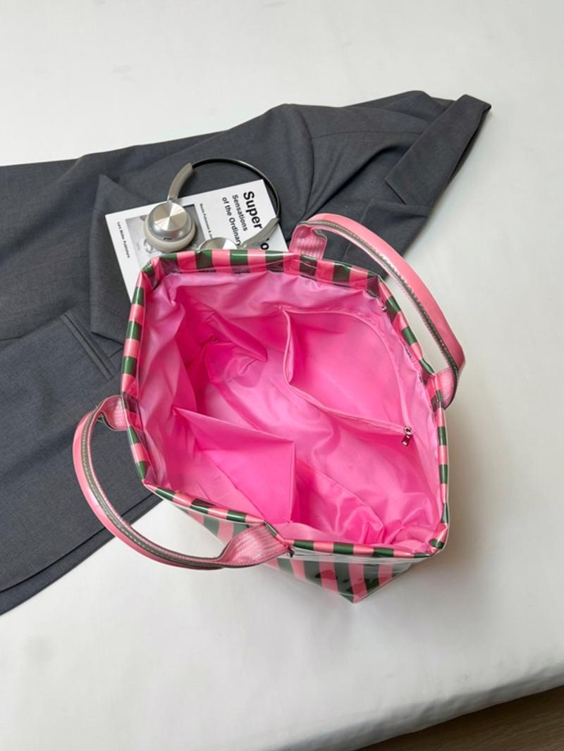 Valentine's Day New Sweet Fresh Stripe Tote Bag, Shiny PVC Large Capacity Commuter Bag, Casual Trendy Bag, Perfect for Spring Summer Shopping Valentine's Day New Sweet Fresh Stripe Tote Bag, Shiny PVC Large Capacity Commuter Bag, Casual Trendy Bag, Perfect for Spring Summer Shopping