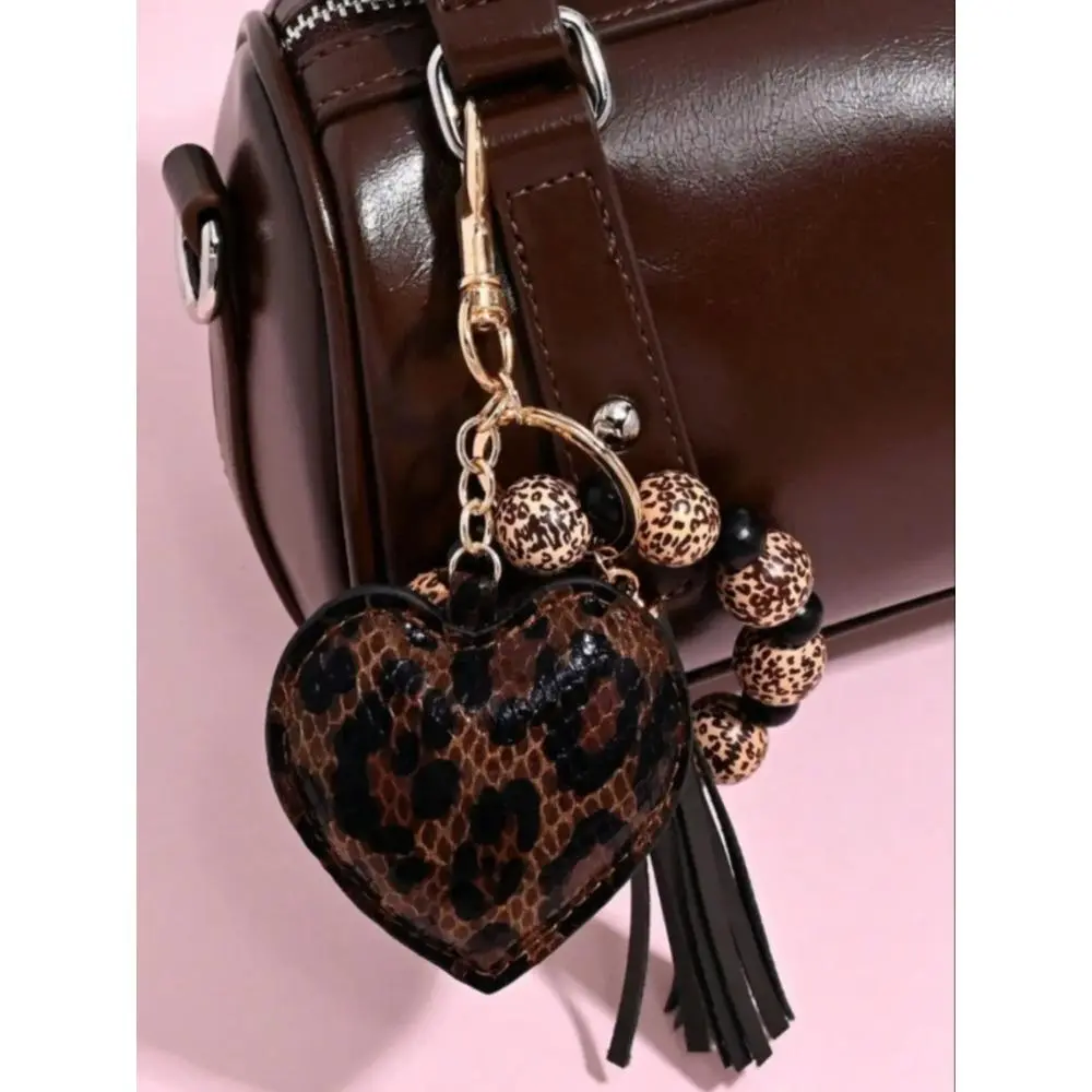 Leopard Print Wood Bead Keychain with Fashion Leather Heart Tassel Accent, Gothic-Y2K Style Lightweight Clip Accessory, Youth Wear One Size Keychain for Bags