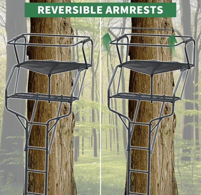 HECASA 2 Person Ladder Stand, 18Foot Deer Hunting Ladder Climbing Tree Stand, Steel Tree Step with Mesh Seat and Flip-up Shooting Rail, 500LBS Outdoor