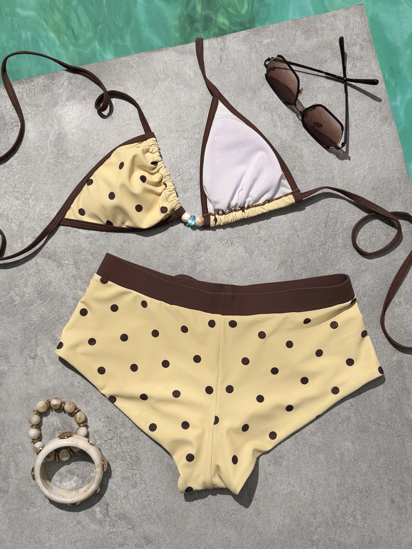 Women's Swimsuit bikini,retro yellow polkat  Print vintage colour block swimsuit pants summer sets for/Going Out Outfits/Birthday Outfit/Casual/Y2k/2000s/Y2k Clothes /Classy/Old Money/Streetwear/Vacation Outfits/girls beachwear