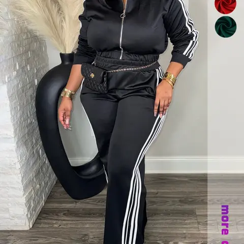 Plus Size 2 Piece Tracksuit Set for Women – Zip Up Long Sleeve Jacket and High Waist Pants, Casual Streetwear Outfit