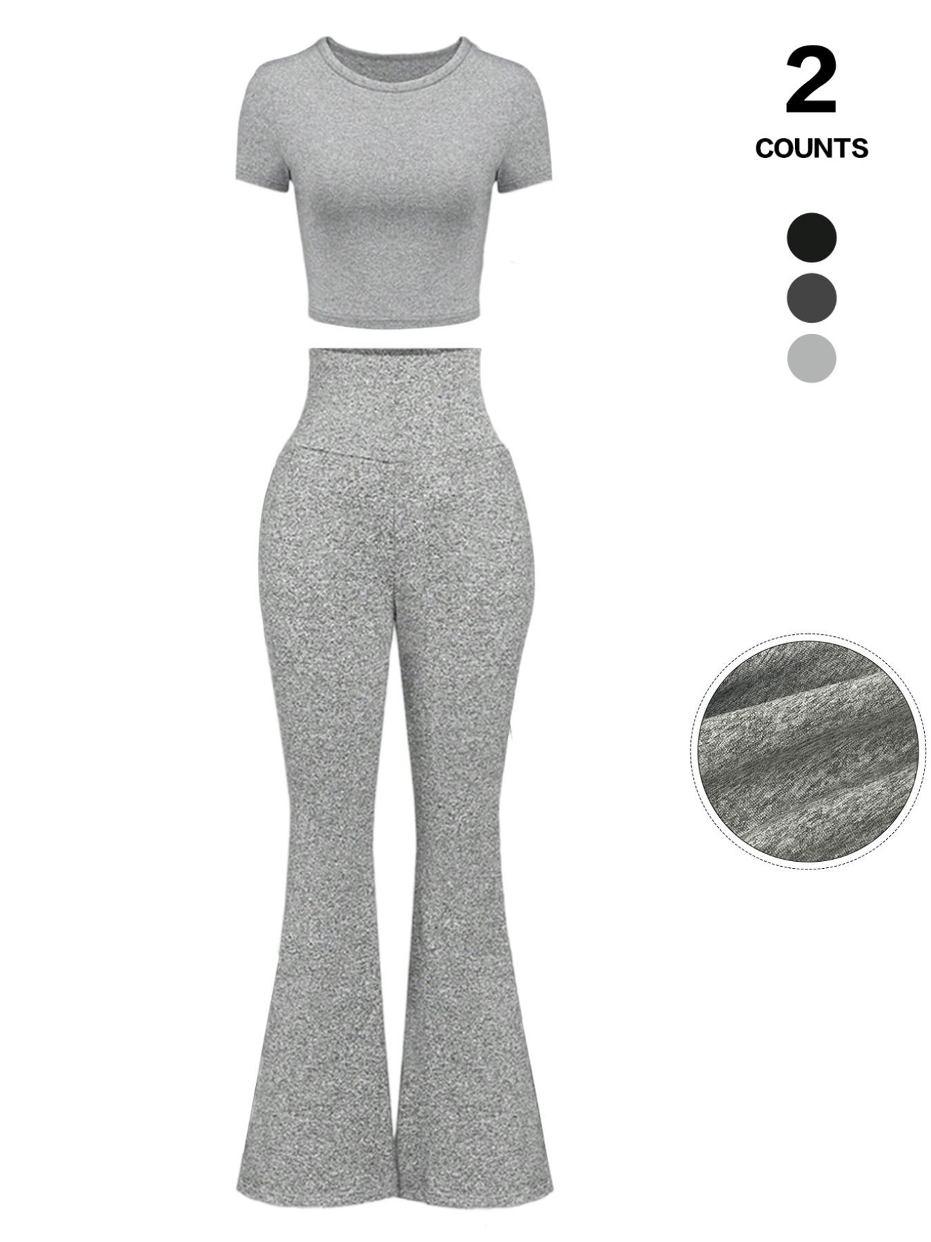 Women's 2 Piece Matching Lounge Set Gym Casual Wear Short Sleeve Crop Top and High Waisted Flare Leg Pants Yoga Outfit