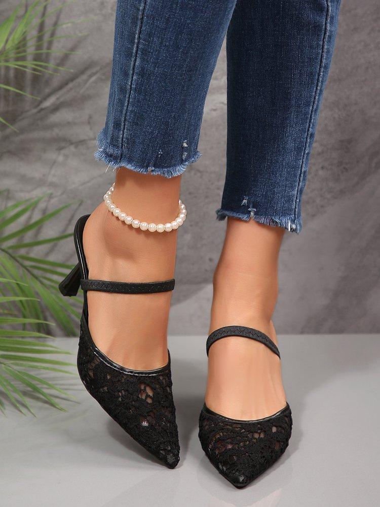 Women's Summer French Lace Pointed Toe Sandals Block Heel Ankle Strap Slingbacks Sexy Outdoor Slides