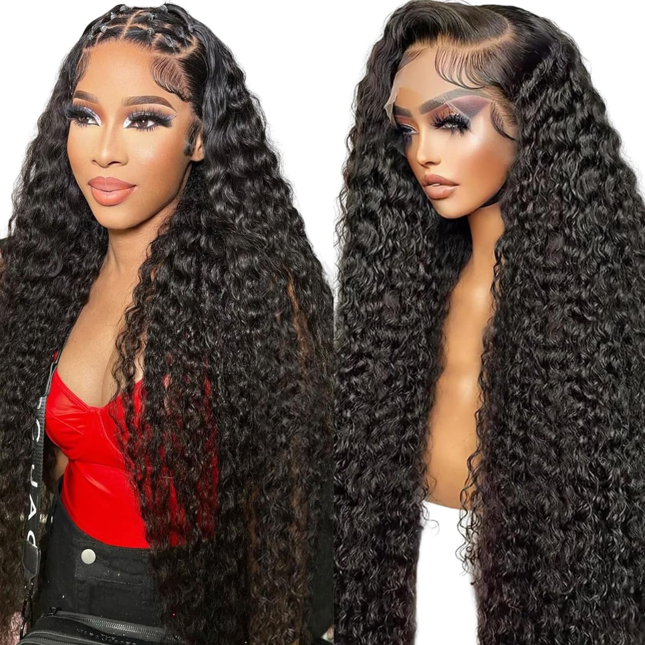 Bling hair 13x4 Deep Wave Lace Front Wigs Human Hair Pre Pluck Transparent For Black Women 180% Density Curly Wigs with Baby Hair Natural Color 28inch