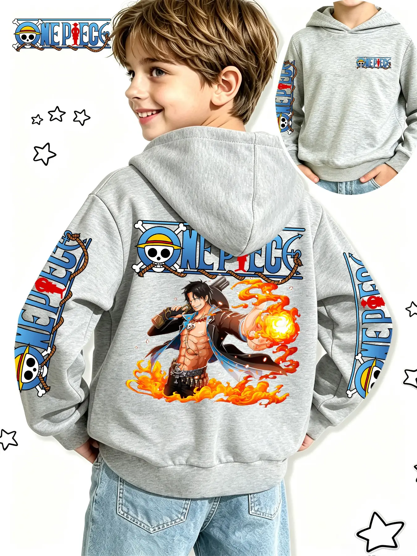 One Piece Boys' Anime Sweatshirt, Luffy Flame Effect Print, Spring & Fall Casual Hoodie, Perfect for Gifts & Daily Wear