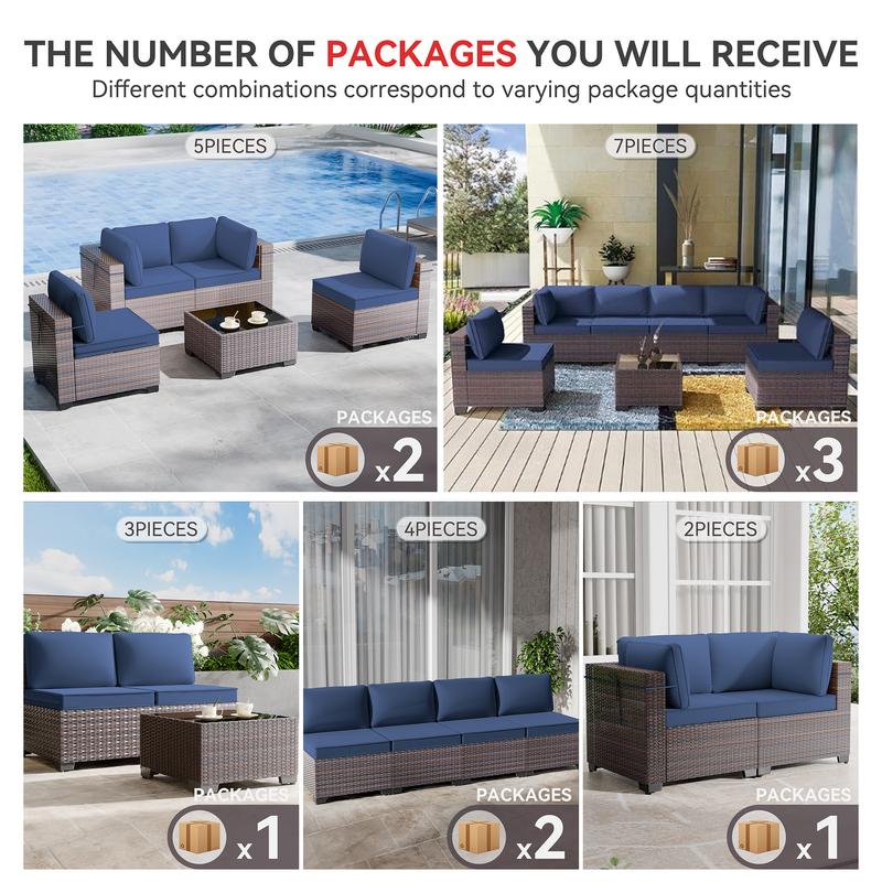 [3 packages delivery]  Kullavik Modern Outdoor Wicker Sofa Set PE Rattan Sectional 7 Pieces Patio Furniture - Brown All-Weather Conversation Set for Porch, Pool Deck, Garden Lounge