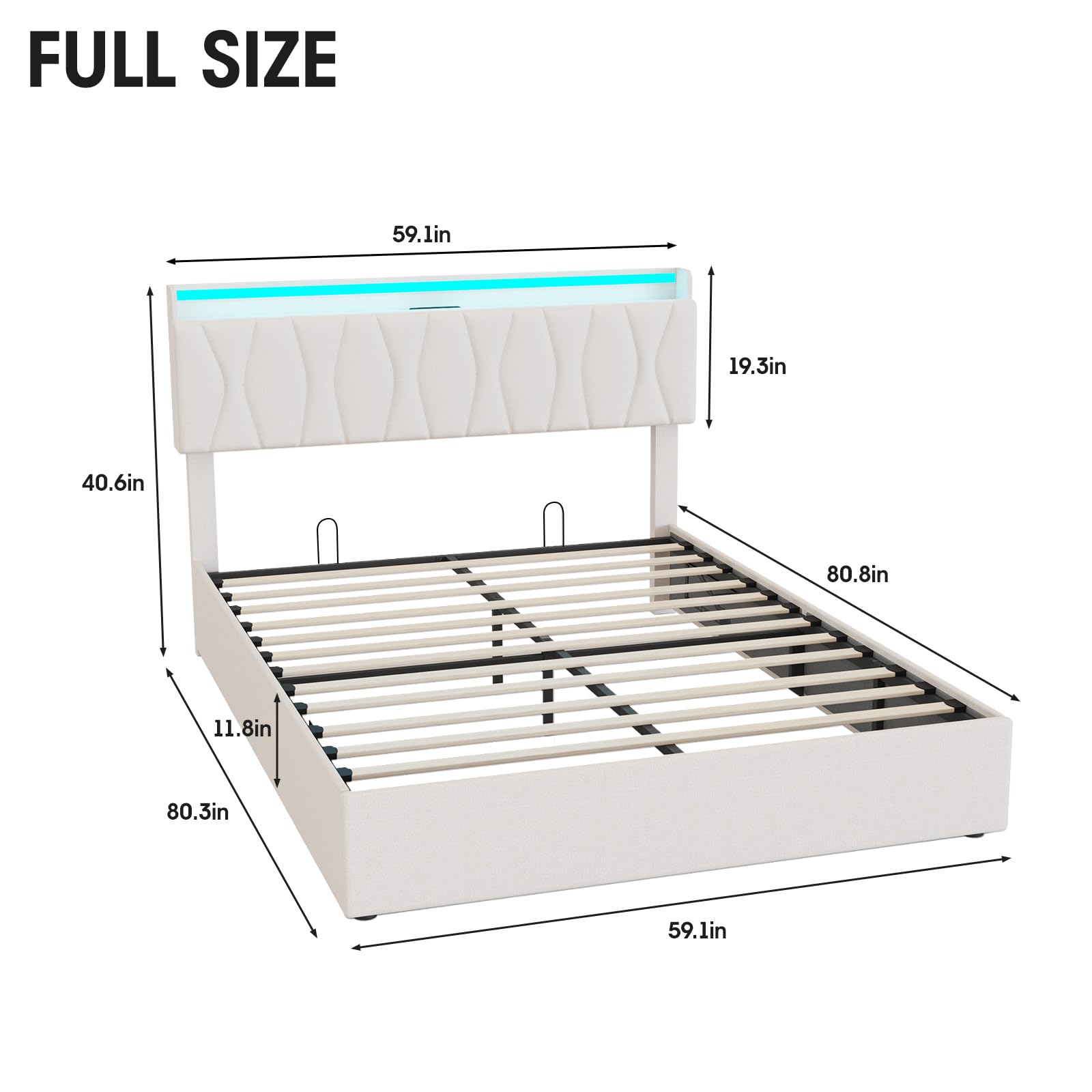Vabches Lift Up Storage Bed Frame with Adjustable Headboard, Charging Station, LED Lights, Wood Slats, Noise-Free, No Box Spring Needed
