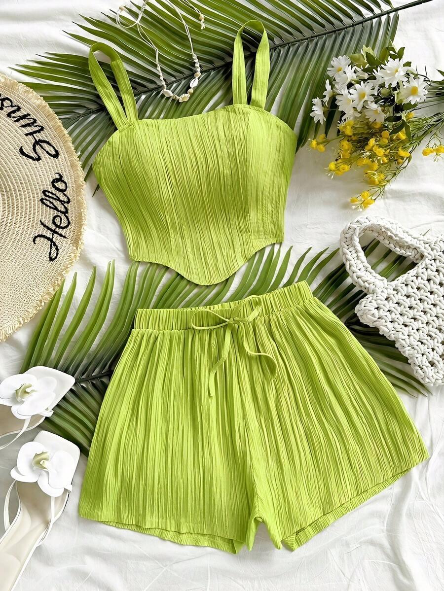 Women's Vacation Casual Resort Solid Color Spaghetti Strap Sleeveless Tank Top and Shorts Set, Summer Lounge Set, 2-Piece, Comfortable and Stylish, Perfect for Relaxing Days