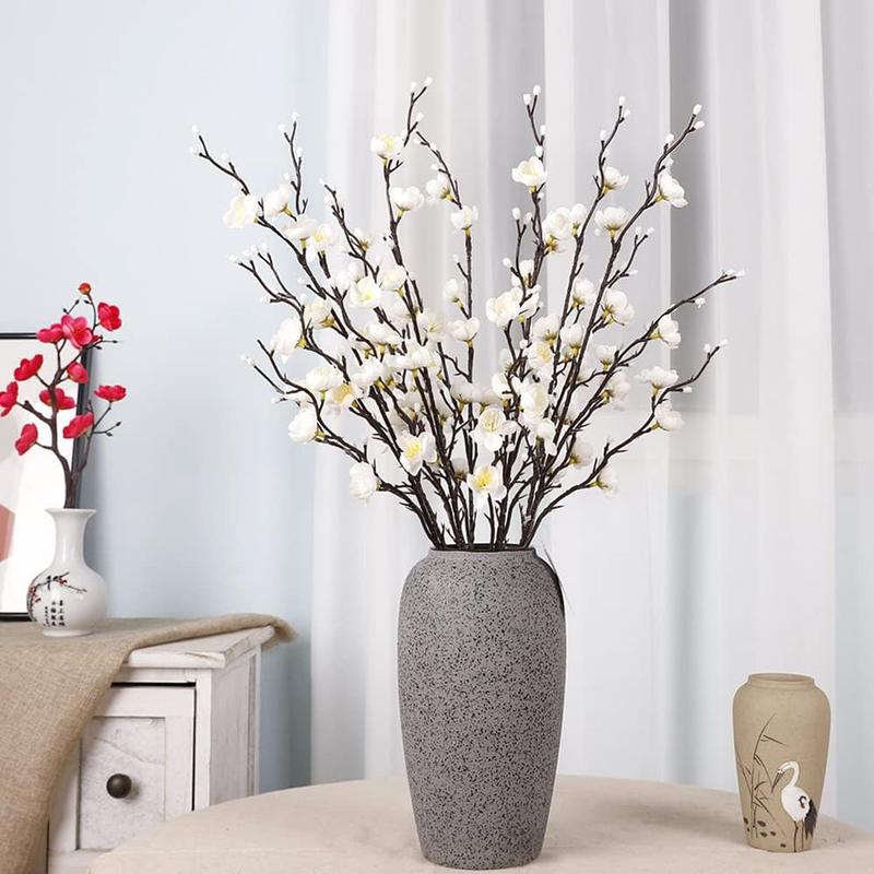 12/24Pcs Winter Artificial Flowers White Plum Silk Blossom 21.7'' Fake Wintersweet Long Stem Plastic Faux Flowers for Home Hotel Office Wedding Party Garden Centerpieces All Season Decor Decoration Ornaments(vase not included)