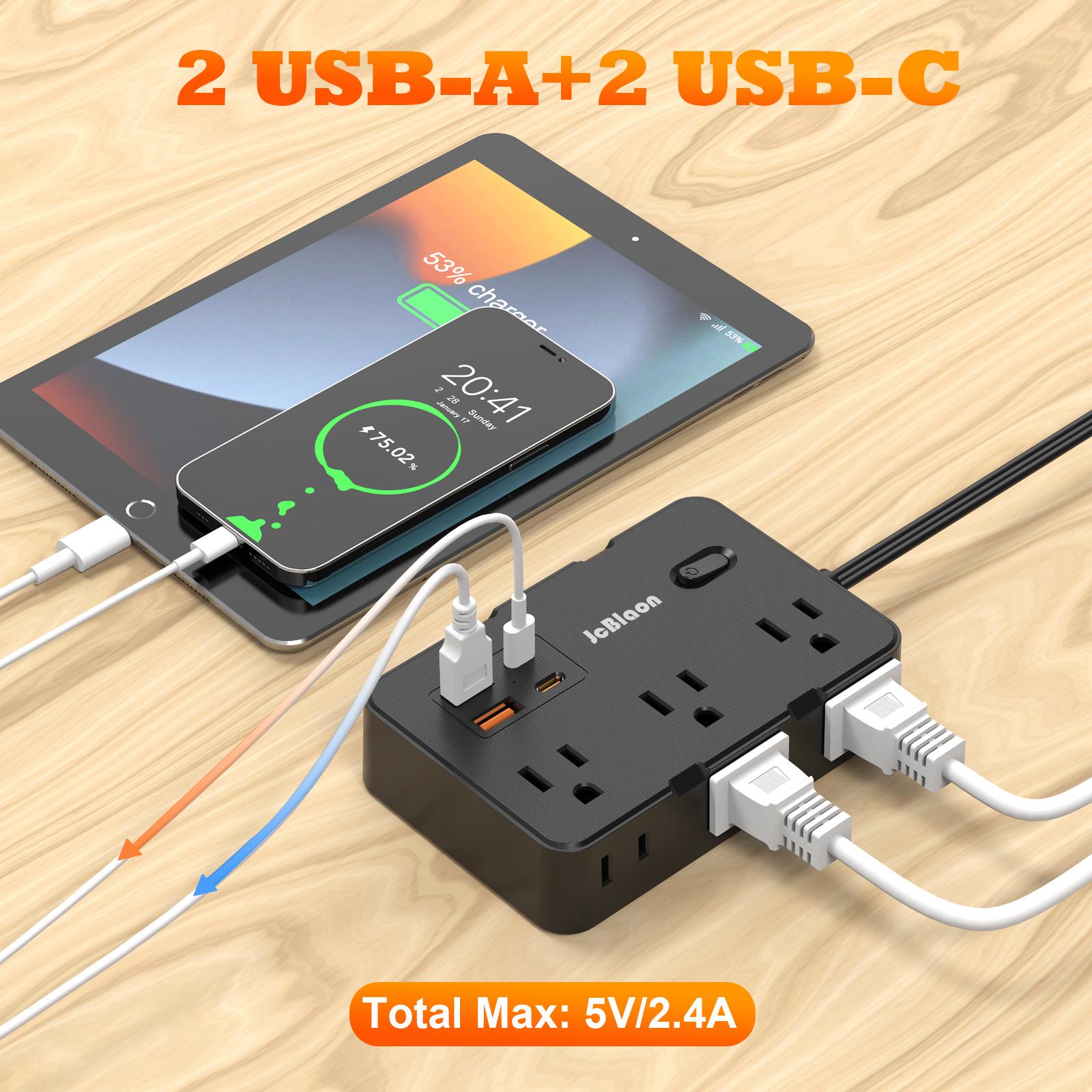 6-Outlet Power Strip with 4 USB Ports (2 USB-C), 5FT Flat Cord, 45° Angled Plug, Ultra Thin 0.14in, Overload Protection for Home Office