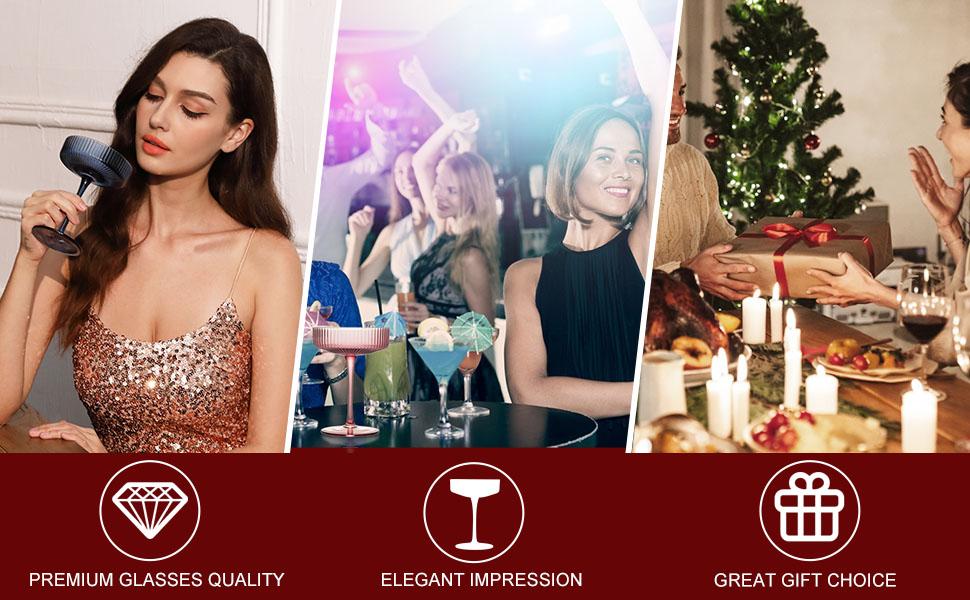 Shatterproof Acrylic Ribbed Vintage Art Deco Martini, Champagne & Cocktail Muted Color Plastic Tritan Coupe Glasses | Set of 6 | 8 oz Ripple Glassware Classic Cocktail Indoor & Outdoor, European Style