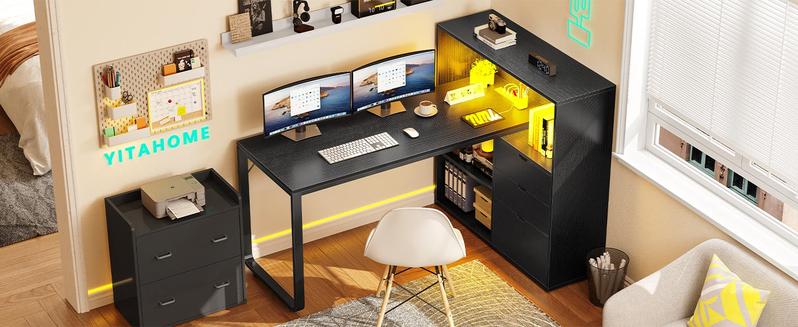 Yitahome L Shaped Desk with Power Outlets & LED Lights & File Cabinet, 55" Corner Computer Desk with 3 Drawers & 3 Storage Shelves, Home Office Desk with Bookshelf