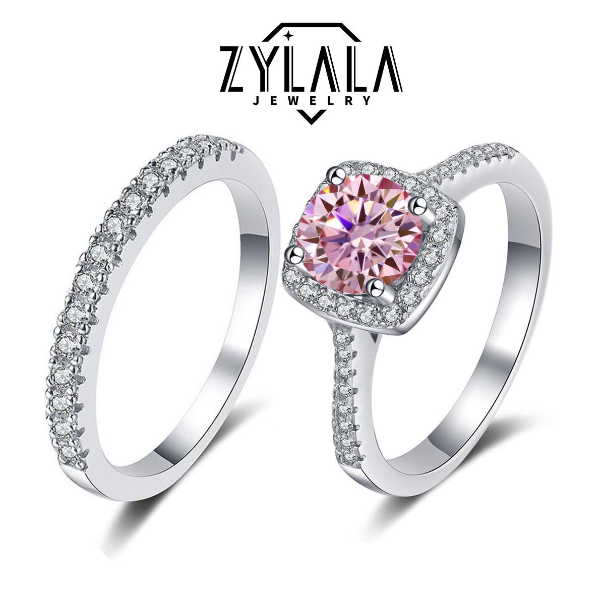 [245 Pink] 1/2CT Synthetic Moissanite Square Ring + Eternity-band Set Square Halo Design 925 Sterling Silver Promise Ring Engagement Wedding Gift