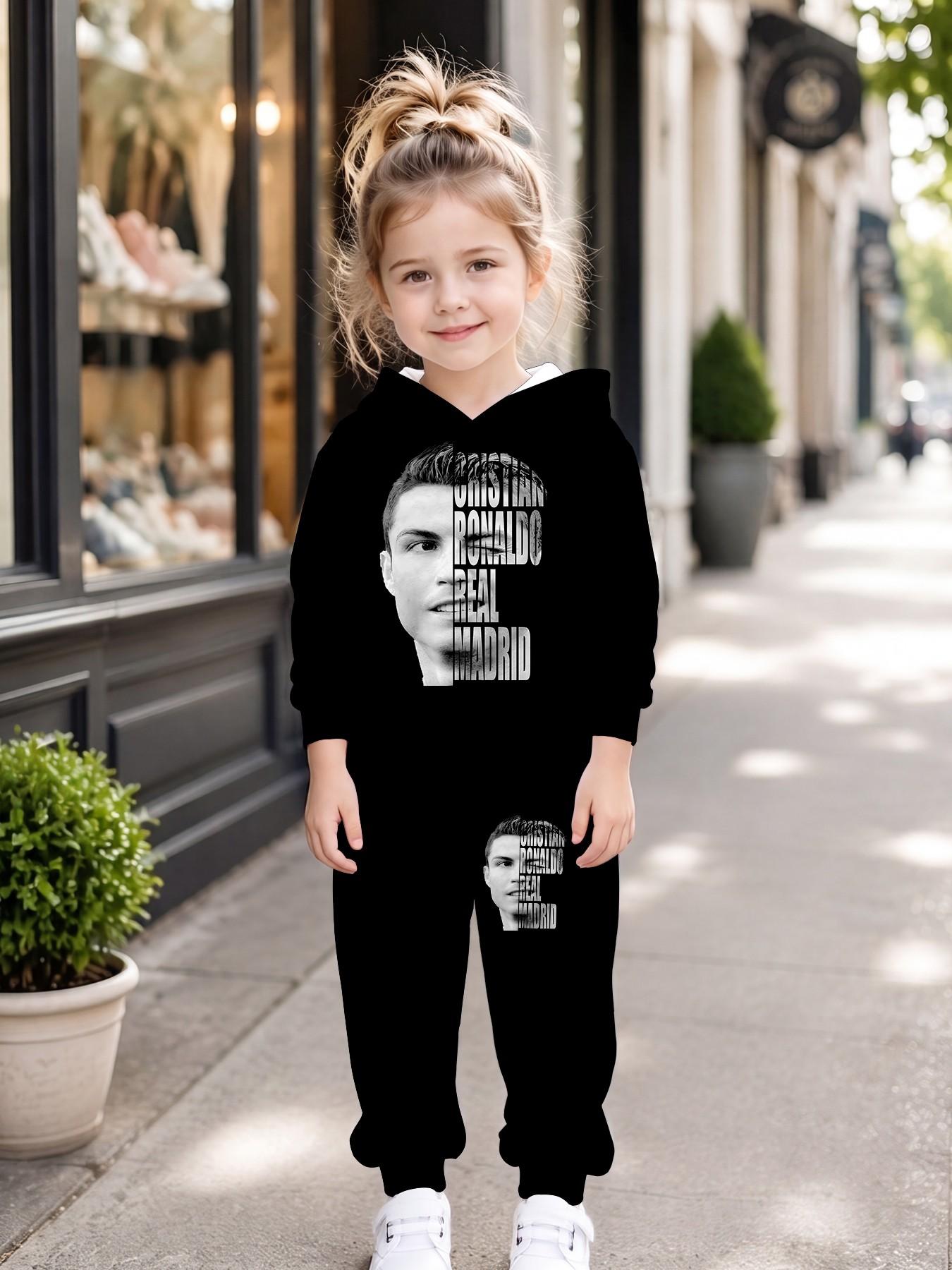 Cristiano Portrait Unisex Kids Sweatshirt and Pants Set, Long Sleeve Loose Fit, Fall Winter Casual Wear, All over Print