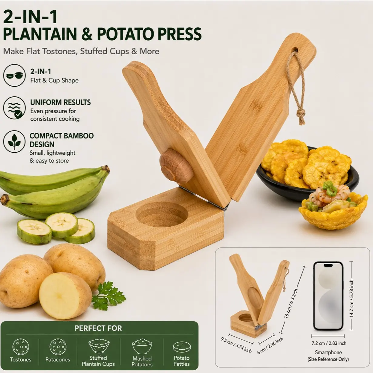 Bamboo Banana Press Mold Tostonera, Manual Tostones and Banana Cup Maker, Kitchen Gadget Gift Idea
