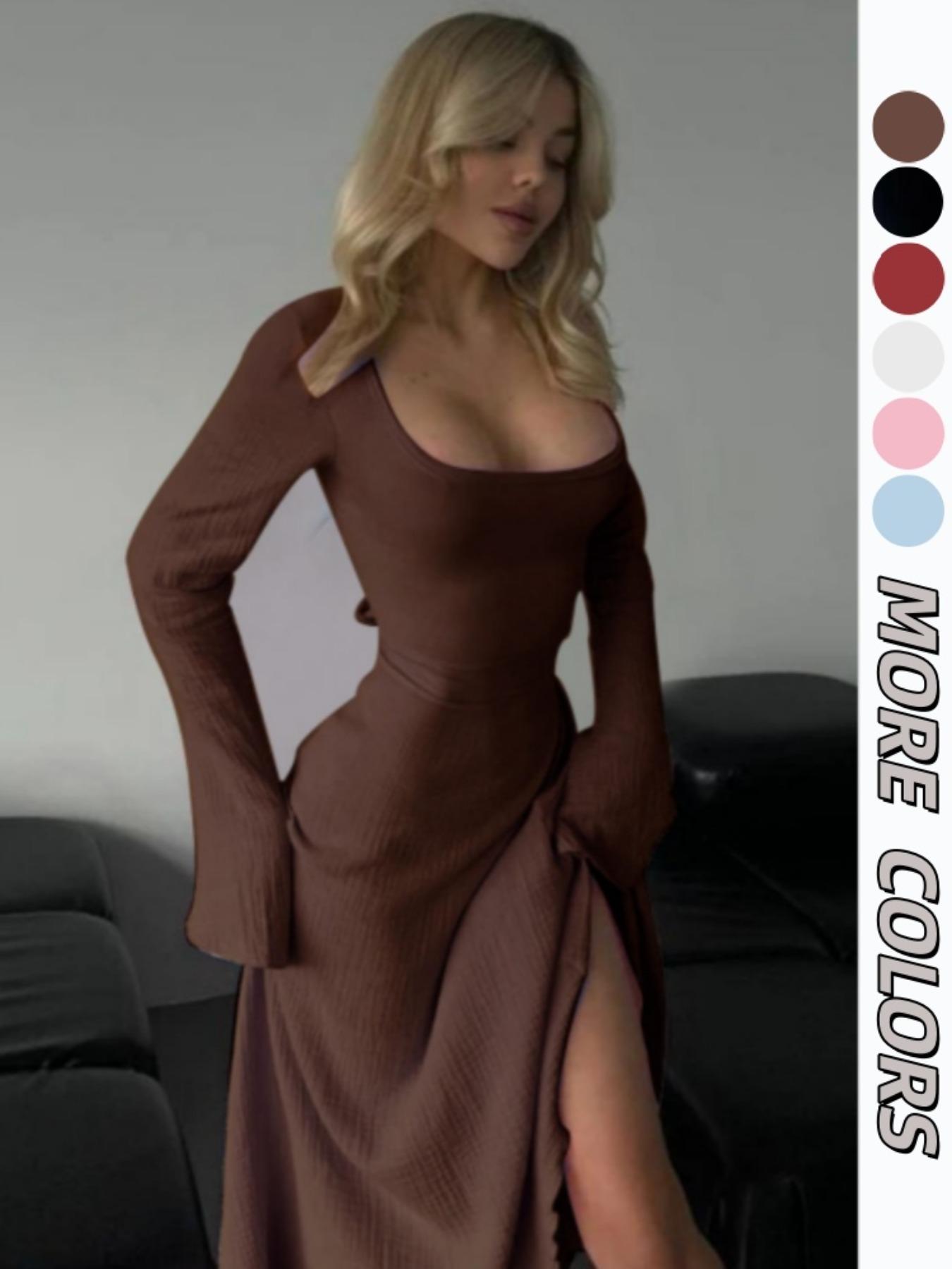 Women's Plain Lace Up Tie Back Flounce Sleeve Dress, 1 Count Elegant Square Neck Long Sleeve A Line Dress for Formal Party Holiday Wedding Guest, Ladies Spring&Fall Clothes