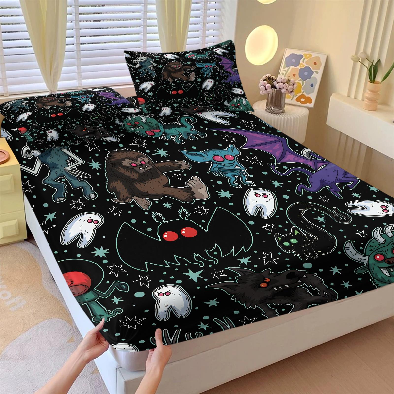 Cartoon Spooky Monster Bat Ghost Fitted Sheet Set, 1 Fitted Sheet + 2 Pillowcases, Deep Pocket Non-Slip Mattress Protector, Soft Comfy Breathable All Season Bedding, Gothic Halloween Creature Print Decorative Bedding Set For Teen Goth Bedroom Decor