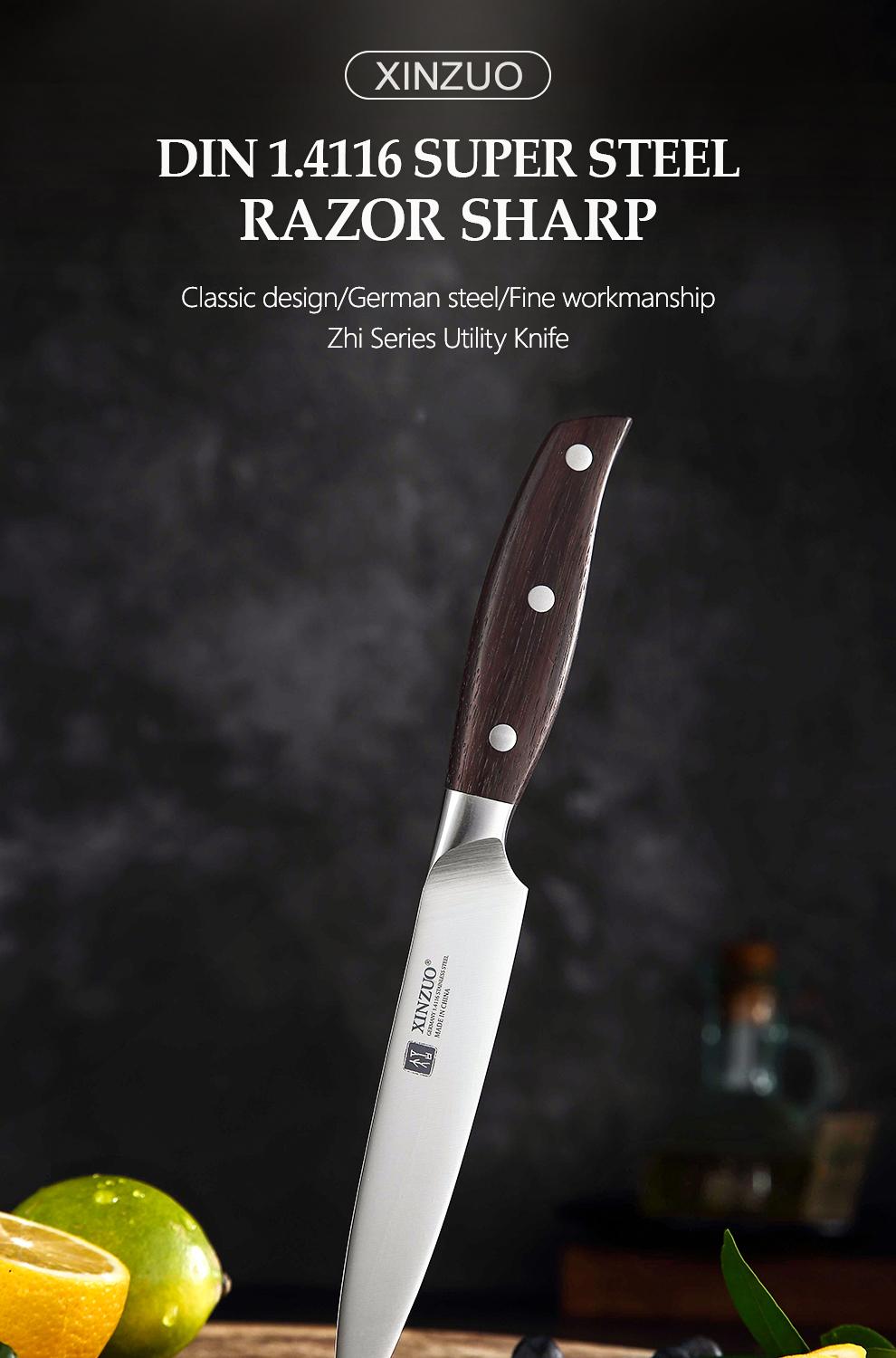 XINZUO Utility Knife. 5-inch compact design. Crafted with German 1.4116 steel, paired with red sandalwood handle. 6.0- 8.0 N cutting force. Comes in a beautiful gift box——Zhi Series
