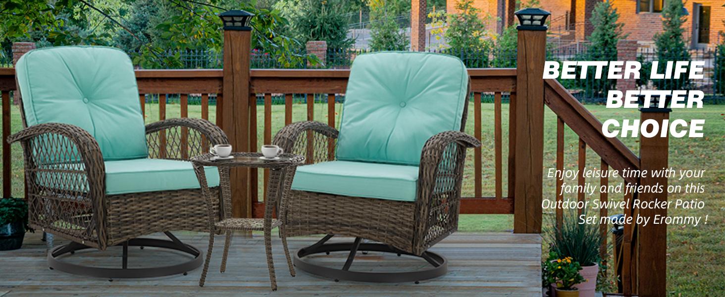 EROMMY 3 Pieces Outdoor Swivel Rocker Patio Chairs, 360 Degree Rocking Patio Conversation Set with Thickened Cushions and Glass Coffee Table for Backyard  wicker furniture