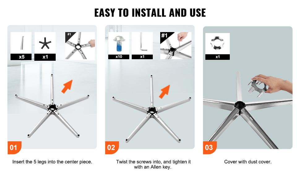 VEVOR Office Chair Base Replacement, 28, 2500 lbs Static Load Capacity, Heavy Duty Universal Computer Desk Chair Stool Base Part with Reinforced Metal Legs, Desk Chair Base Replacement Parts, Silver