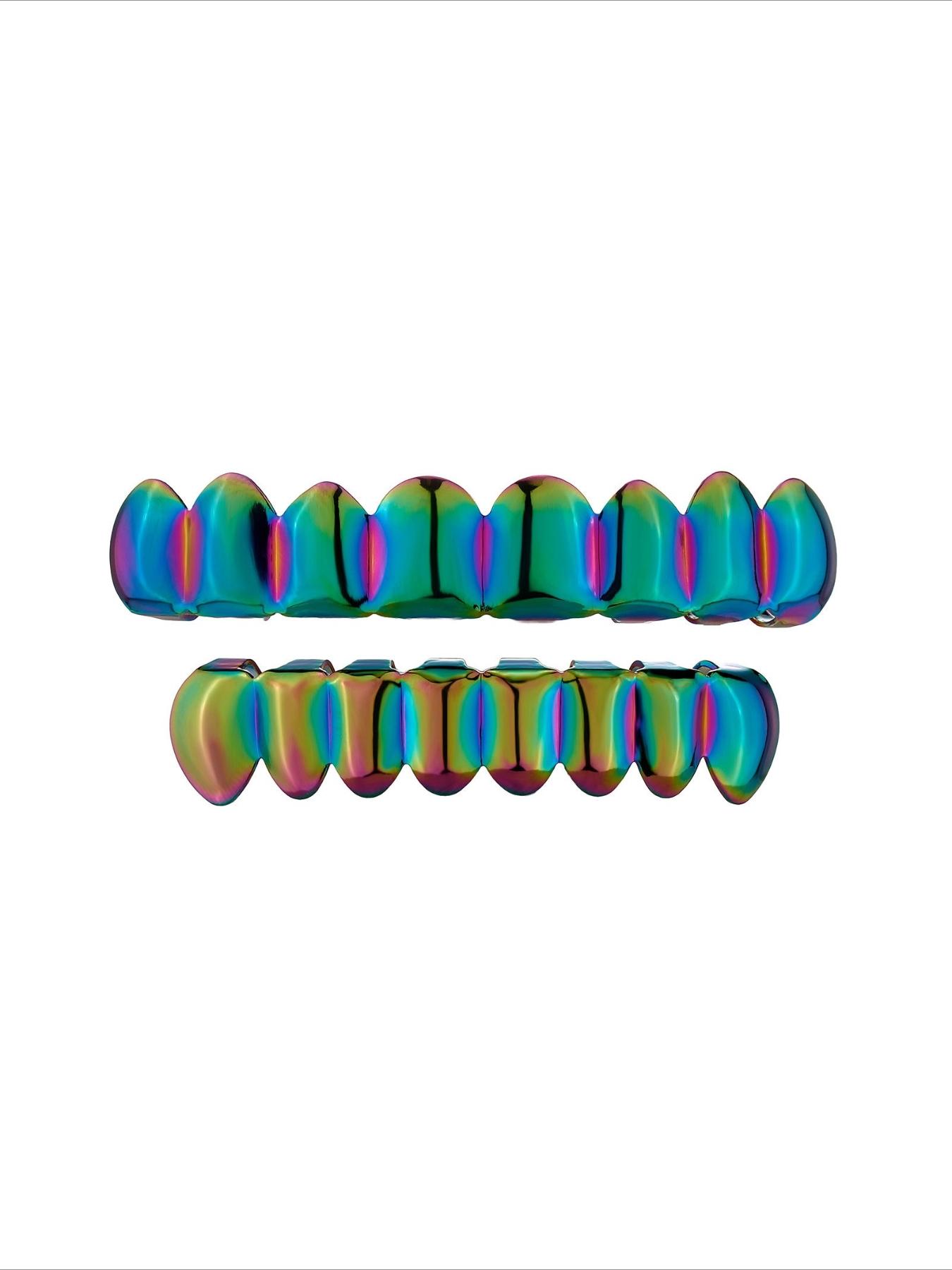 CRUSH CR Retro Cyberpunk Futuristic Iridescent Grillz Set for Men Women, High-Gloss Polished Finish, Hypoallergenic Removable, Ideal for Retro Tech-Themed Parties, 90s/00s Throwback Events, Cyber Goth Gatherings Urban Culture Festivals