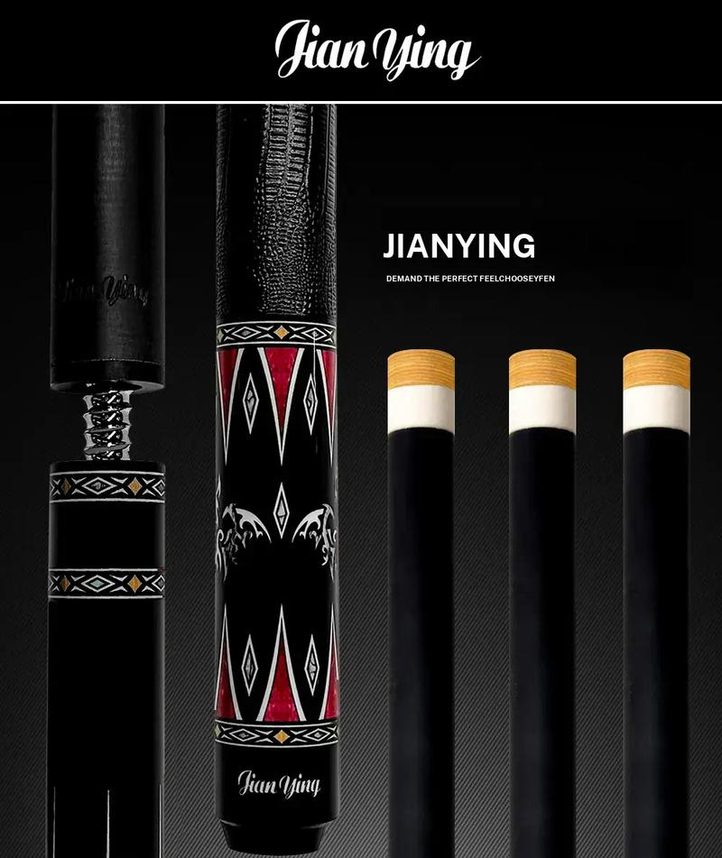 JIAN YING New carbon fiber 1/2 billiard cue Strong stability High performance Pool cue. It features a 58 inch, 11.5/12.5 millimeter cue tip. Comes with cue case + leather tip + gloves + towel + chalk+extended handle