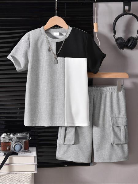 Two-Piece Set Boy's Colorblock Print Short Sleeve Tee & Plain Pocket Elastic Waist Shorts, Casual Comfort and Functionality Round Neck T-shirt & Cargo Shorts for Summer, Kids Clothes for Daily Wear