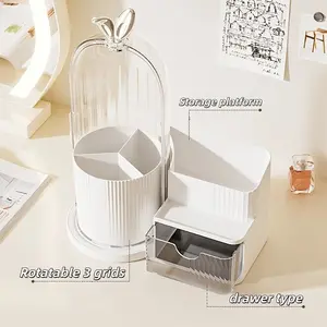 Rotatable Drawer Cosmetic Organizer, Large Capacity Compact Makeup Storage Box, Three Compartment Acrylic Lid, Ideal for Vanity, Bathroom, Desk
