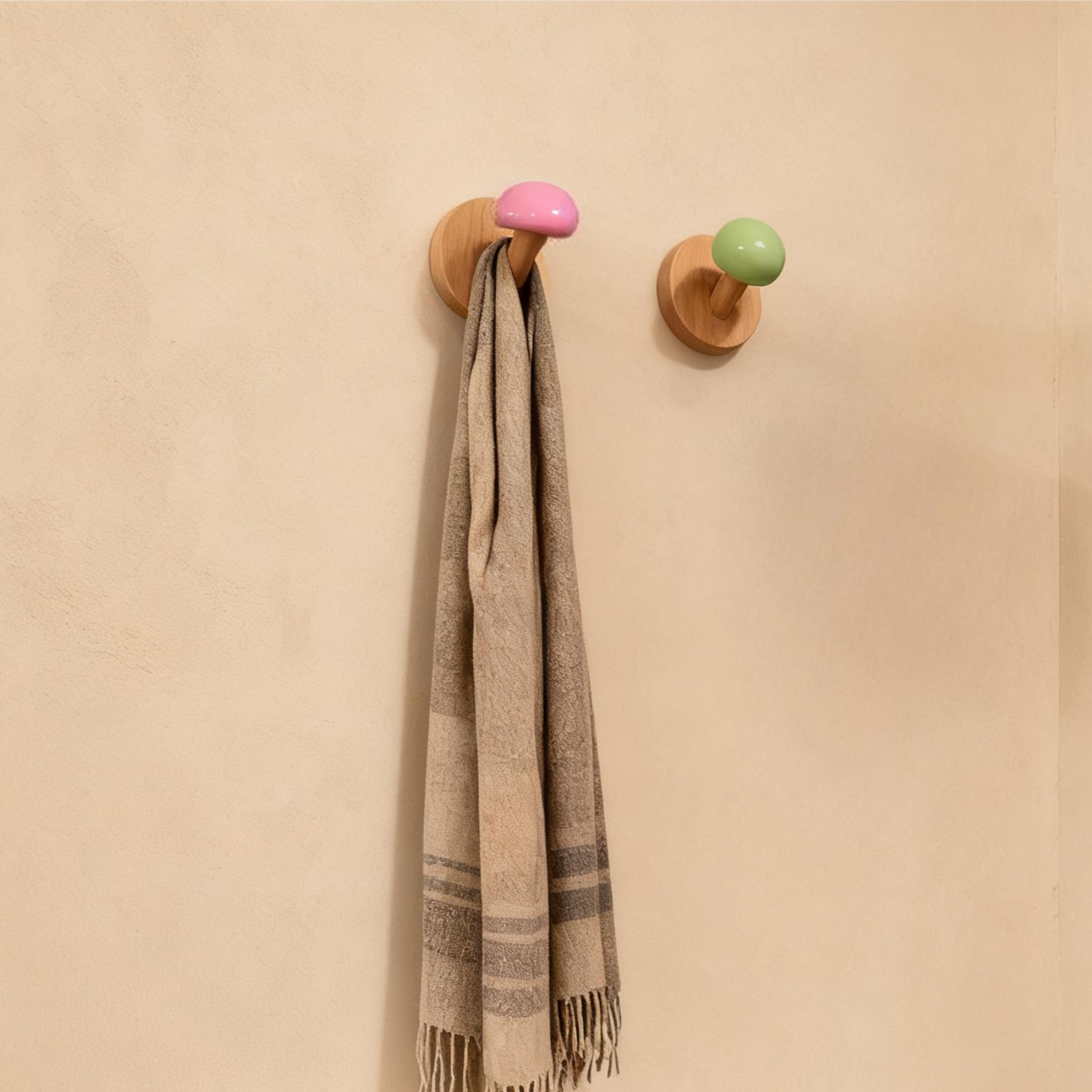 2 Non Perforated Solid Wood Beech Mushroom Hooks with Strong Adhesive and Seamless Installation, Wall Mounted Multifunctional Storage Hooks Suitable for Creative Adhesive Hooks Behind Doors/Entrances/Bathrooms