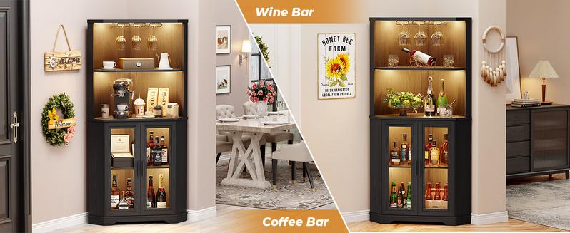 BROTTAR Corner Bar Cabinet with LED Lights, 65" Tall Wine Cabinet with Glass Holder & Tempered Glass Door, 4-Tier Liquor Alcohol Cabinet & Coffee Bar with Human Body Sensor for Dining Room, Black