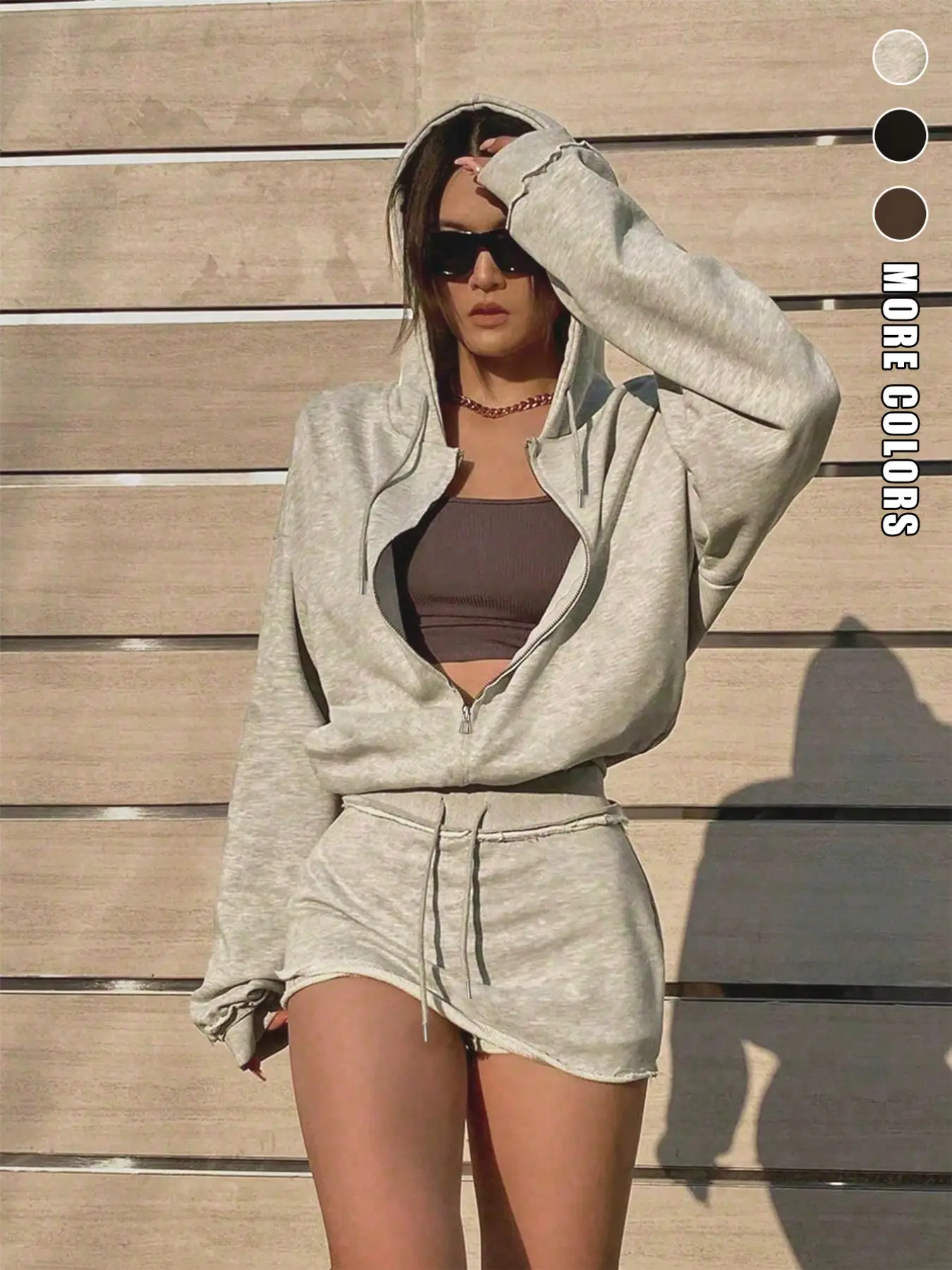 Women's Two-Piece Hooded Sweatshirt Set, Drawstring Zipper Long Sleeve Top, Elastic Waist Short Skirt Pants, Casual Fall
