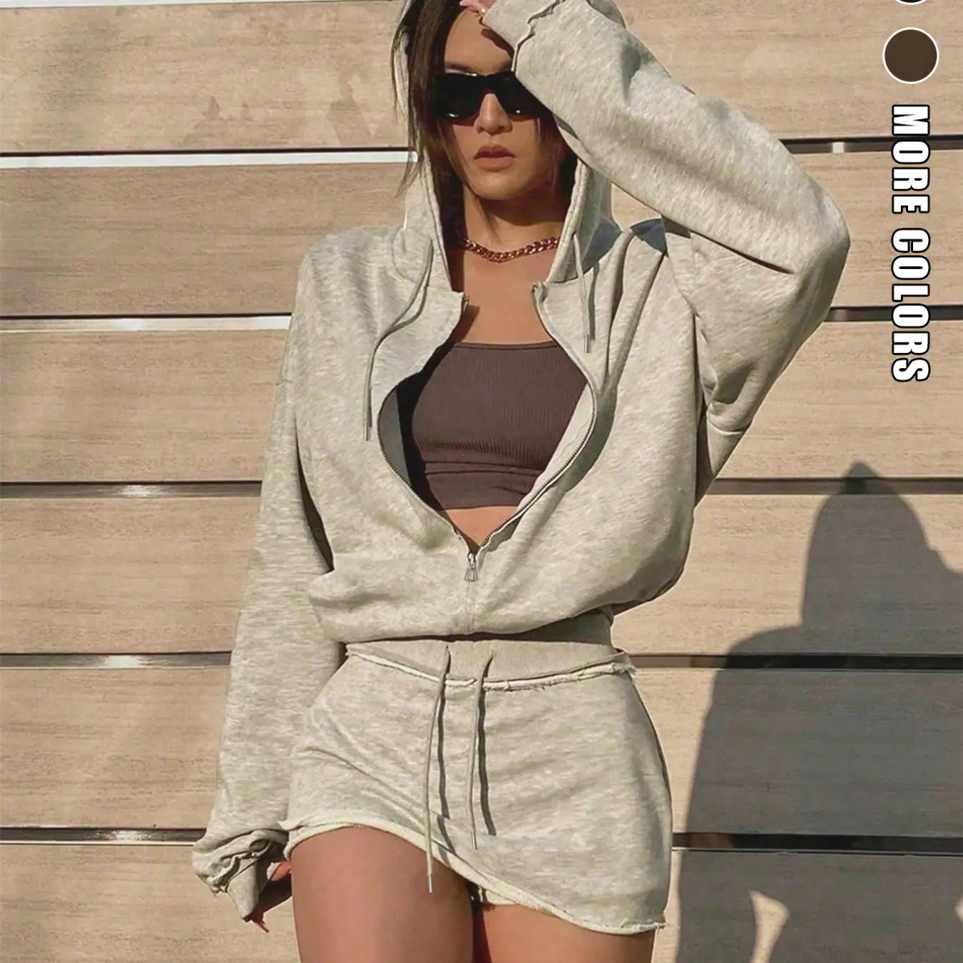 Women's Two-Piece Hooded Sweatshirt Set, Drawstring Zipper Long Sleeve Top, Elastic Waist Short Skirt Pants, Casual Fall Clothes