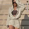 Women's Two-Piece Hooded Sweatshirt Set, Drawstring Zipper Long Sleeve Top, Elastic Waist Short Skirt Pants, Casual Fall Clothes
