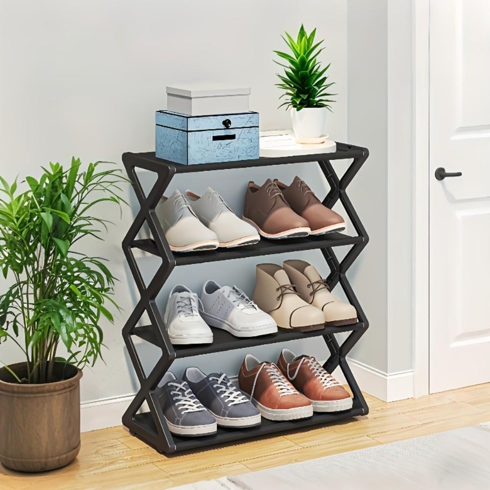 4 Layer Foldable Shoe Rack, Space Saving Storage Solution, X Frame Vintage Style, No Assembly Needed, for Porch, Closet, Kitchen