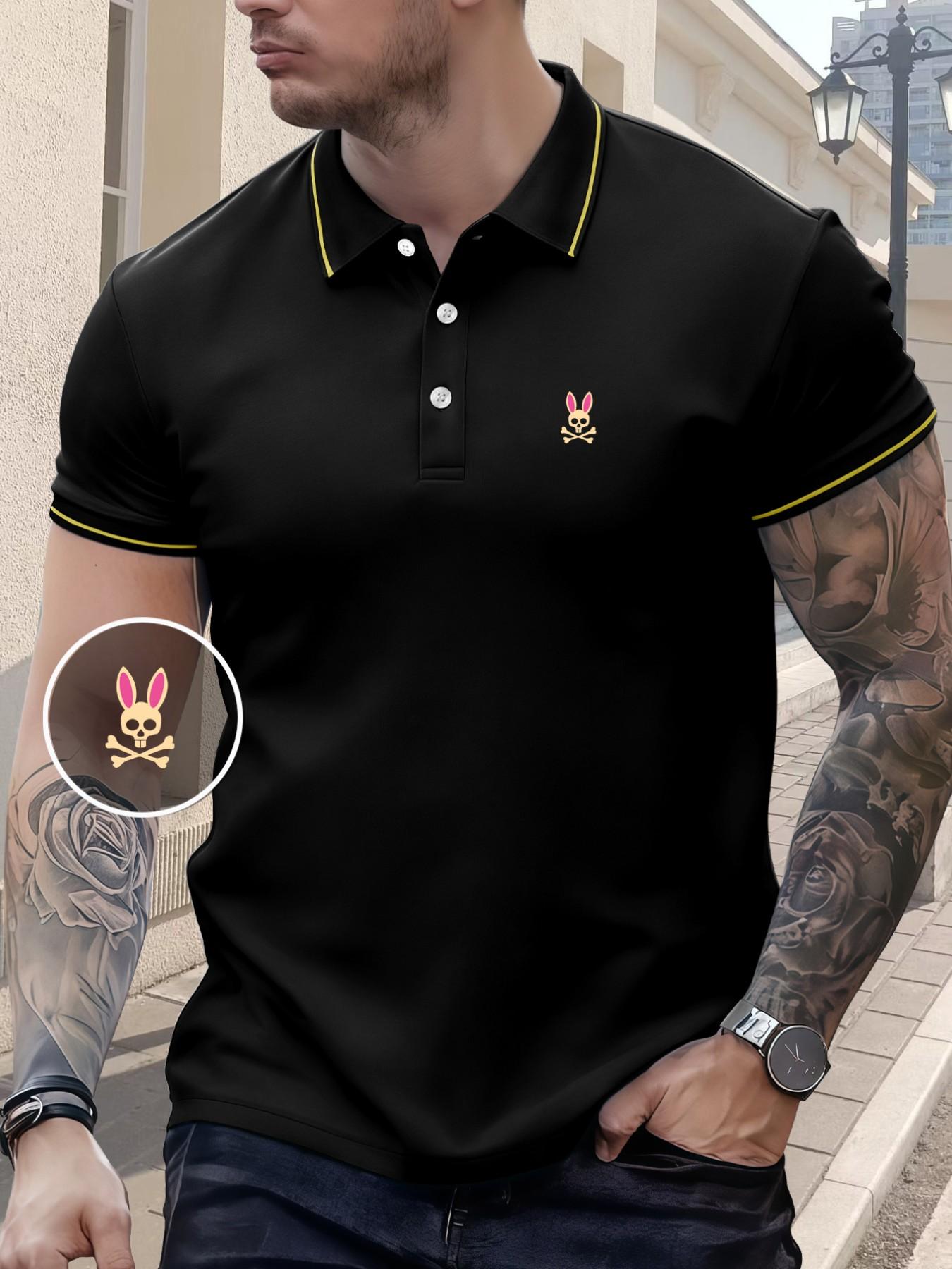 Men's Regular Fit Letter Print Contrast Trim Polo Shirt Skull Rabbit, Casual Short Sleeve Half Zip Top for Summer, Fashion Men's Clothes for Daily Wear, Tropical