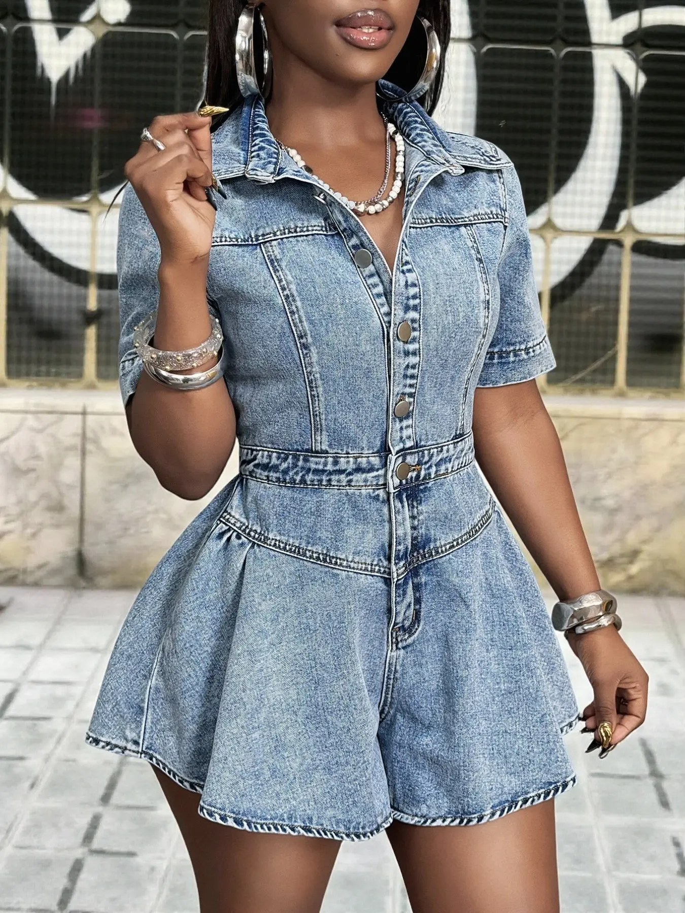 Plus Size Washed Denim Romper, Collar Short Sleeve Front Button Closure, Casual Summer, Comfortable & Stylish Design