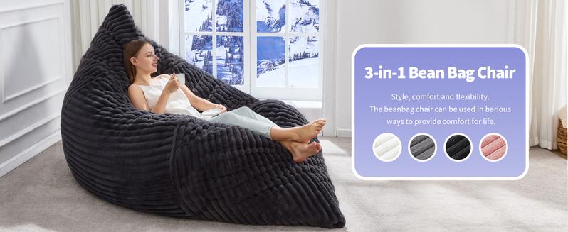 【Hobestluk】3 in 1 Giant Bean Bag Chairs Convertible Bean Bag Floor Cushion with Machine Washable Cover, Beanbag Chairs for Adult - 56"D x 76"W x 7"H,fathersdaygifts