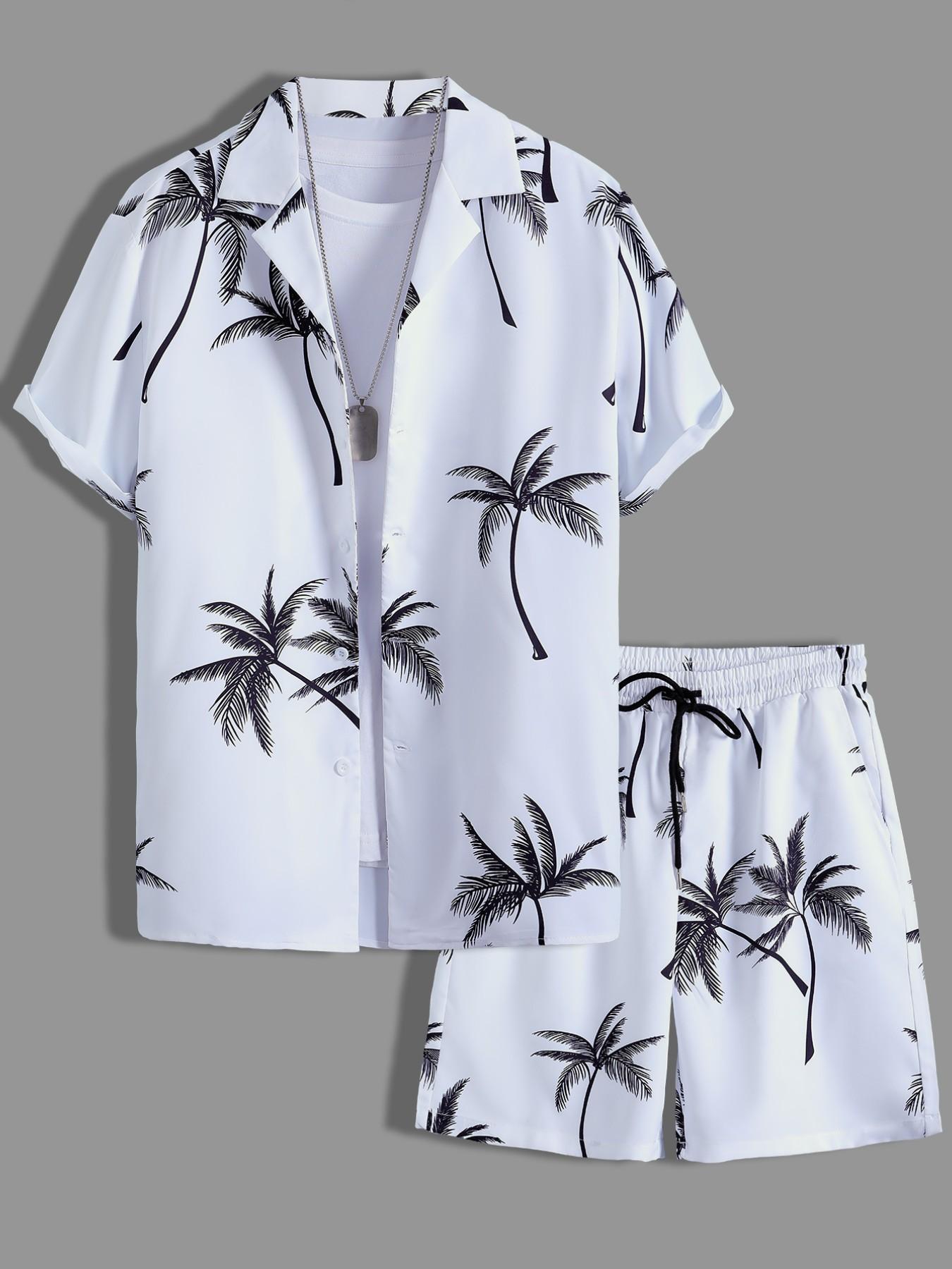 Men's White & Black, Tropical Palm Tree Print Loungewear Set - Short-Sleeve Button-Up Shirt (Rolled Cuffs) + Drawstring Shorts, Ultra-Soft Smooth Fabric, Relaxed Oversize Fit, Perfect for At-Home Lounging, Evening Movie Nights, Lazy Weeke
