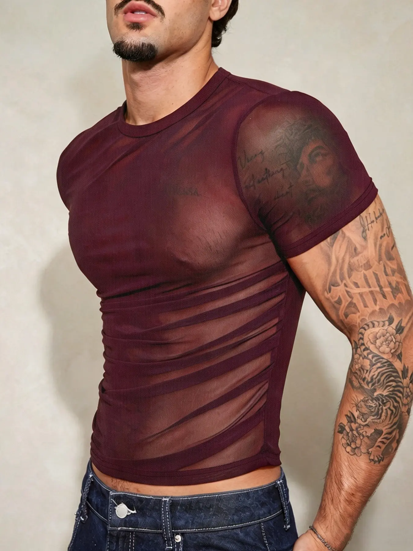 Men's High Street Sheer Mesh Tight Short Sleeve T-Shirt, Side Pleated Slim Fit Semi-Transparent Top, Casual All Seasons Wear