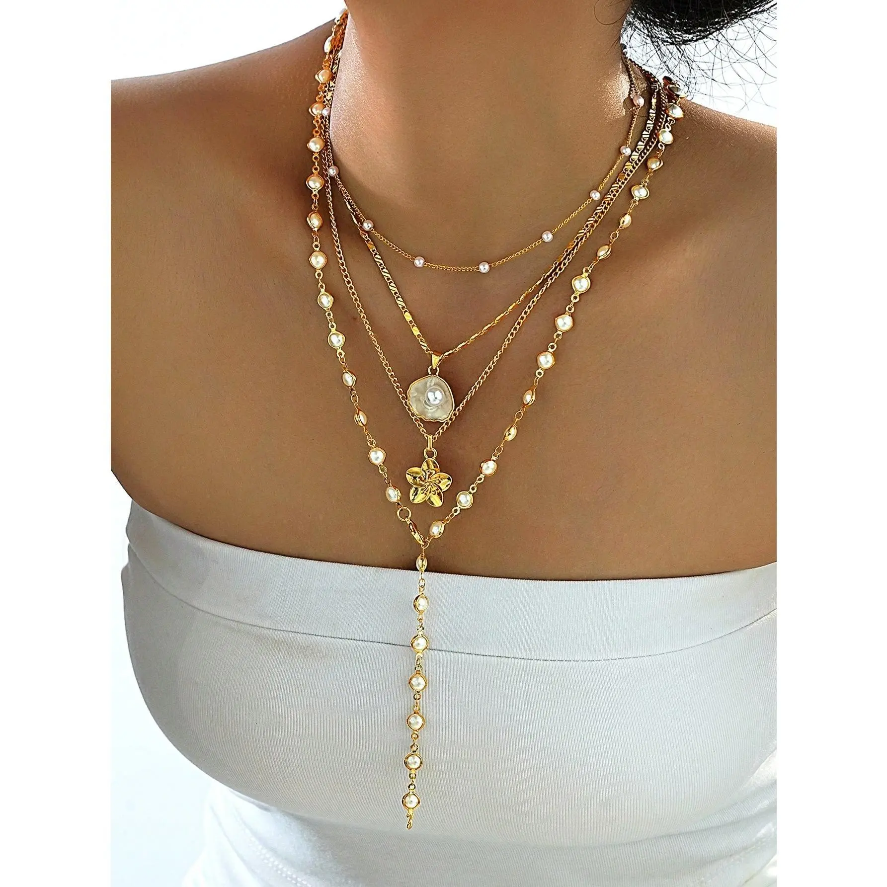 Women's Layered Necklace Set - Vintage Gold Plumeria Flower & Pearl Y-Drop Lariat, 4Pcs Stackable Boho Beach Jewelry For Summer Vacation Daily Outfit